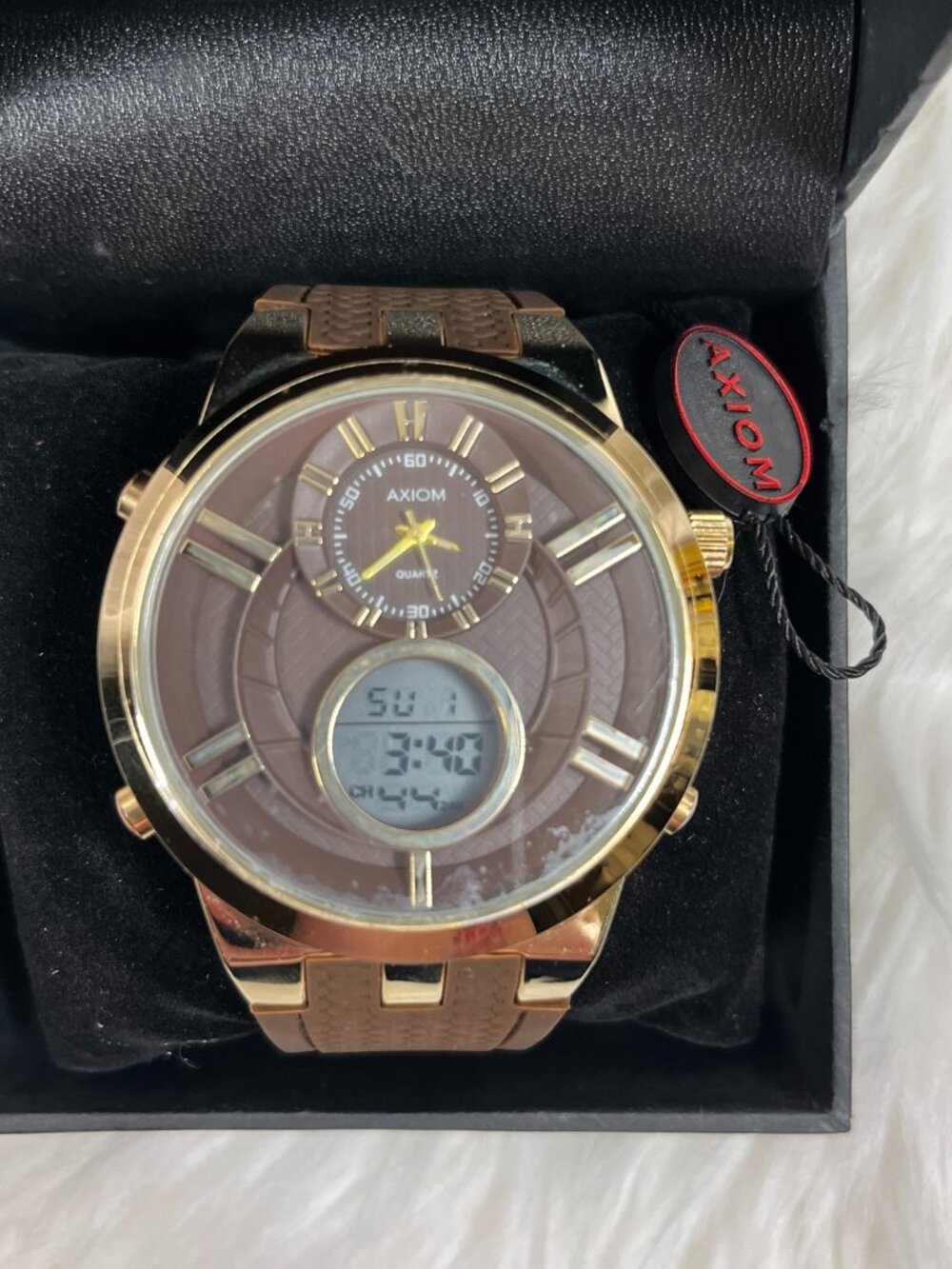 Axiom Men’s XL Analog Digital Watch Brown Gold Silicone Band NIB Working